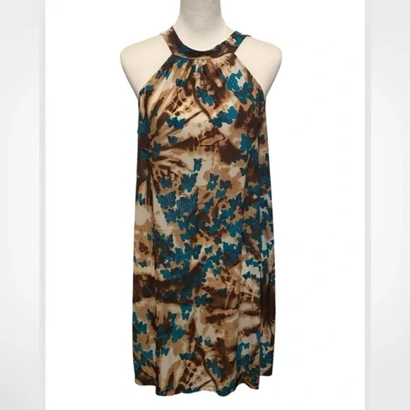 NEW Tie Dye Brown Butterflies High Neck Sleeveless Floaty Dress - Picture 3 of 7